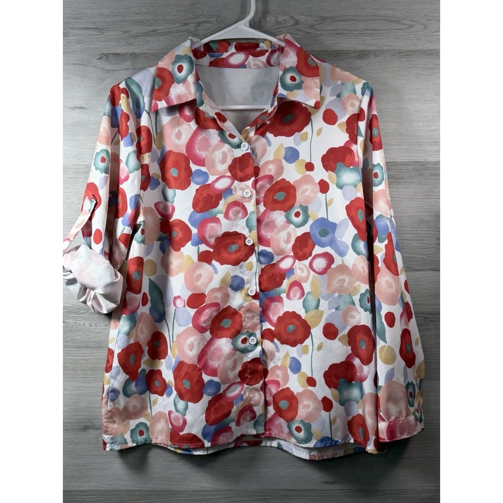 Womens M Watercolor Floral Button Down Shirt Long Sleeve 100% Polyester White